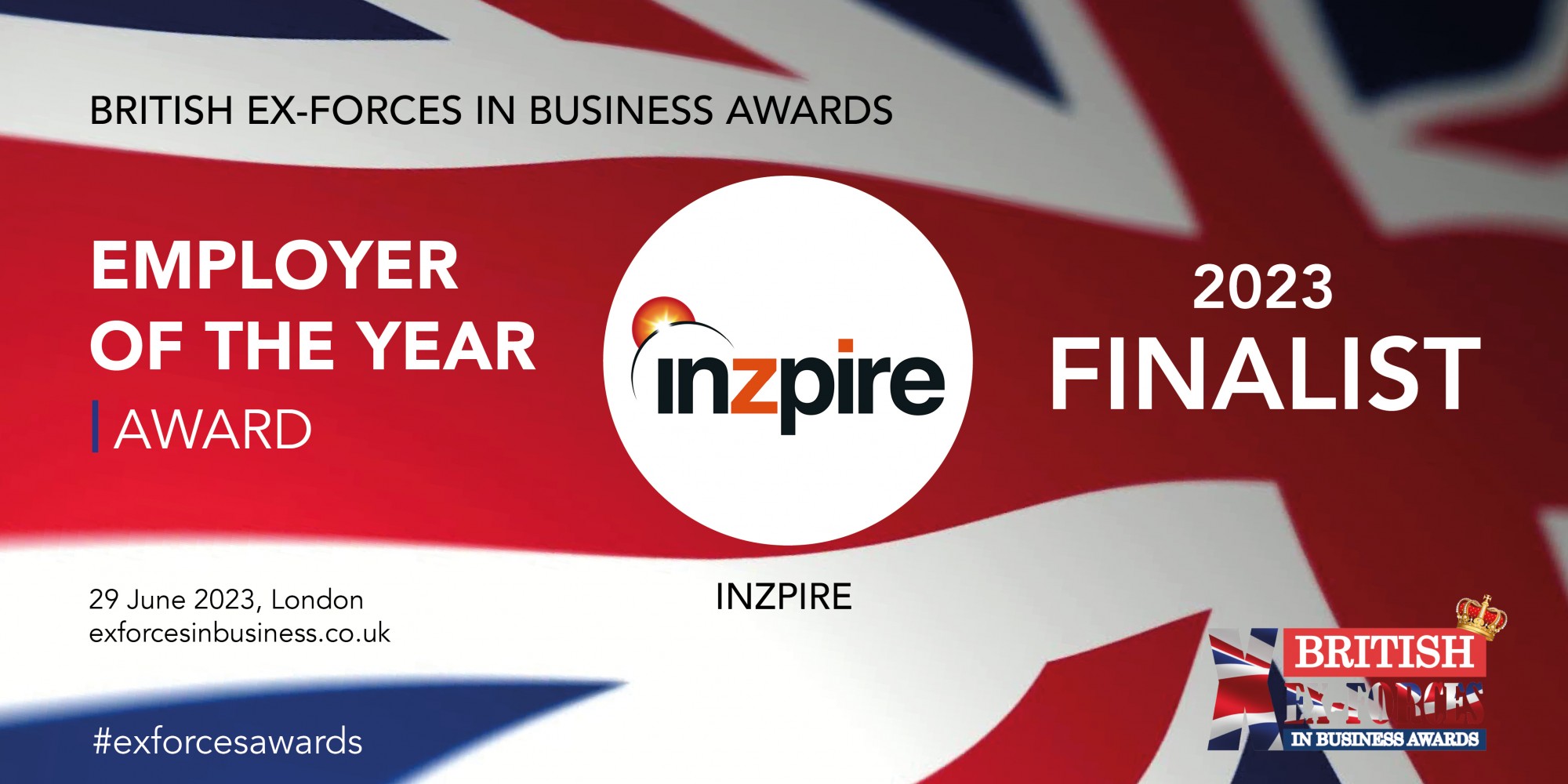 A graphic featuring the Union Jack flag announces Inzpire as a finalist in the Employer of the Year category of the British Ex-Forces in Business Awards 2023.  