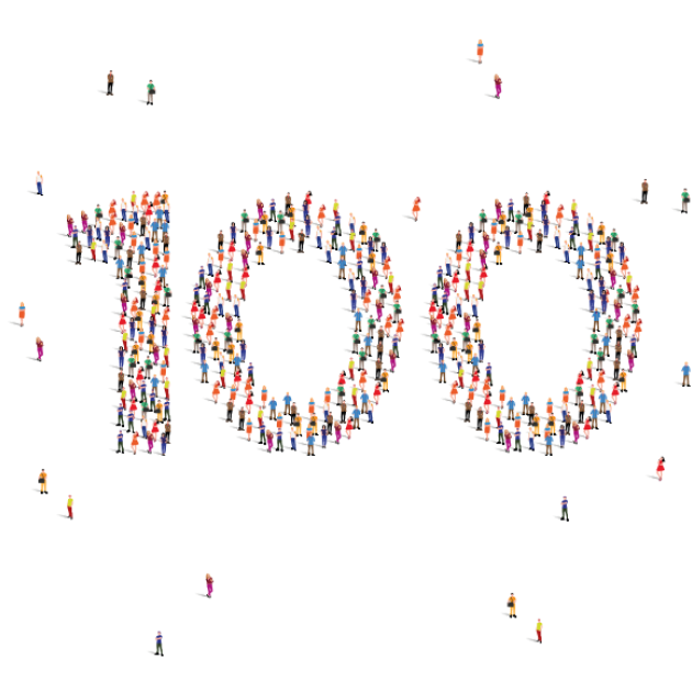 Graphic showing the number 100 made out of people