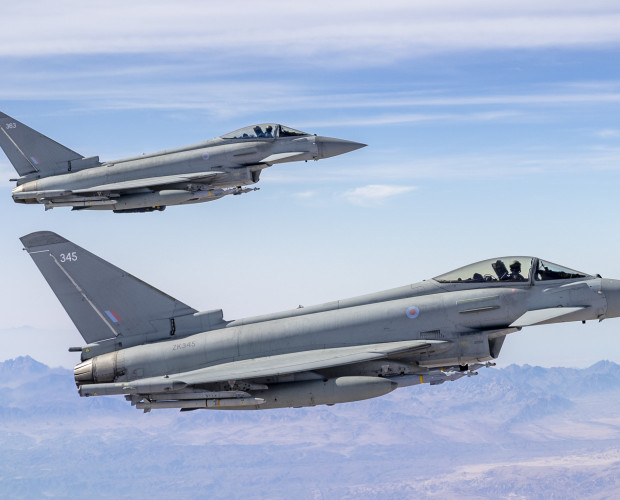 Two RAF Typhoon FGR Mk 4 aircraft, seen here during a routine mission