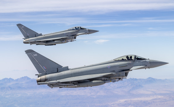 Two RAF Typhoon FGR Mk 4 aircraft, seen here during a routine mission