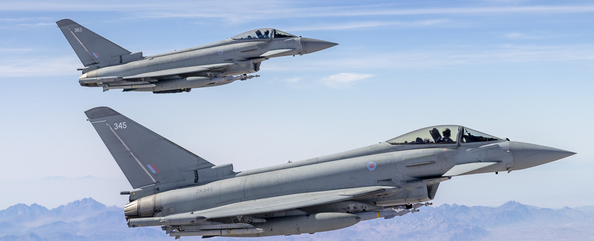 Two RAF Typhoon FGR Mk 4 aircraft, seen here during a routine mission