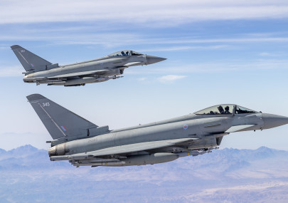 Two RAF Typhoon FGR Mk 4 aircraft, seen here during a routine mission