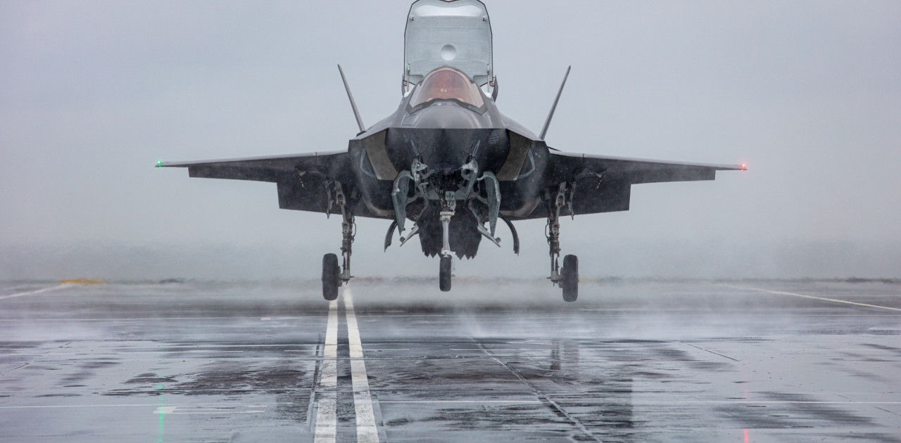 UK F-35 Lightning jets landing, taking off and hovering
