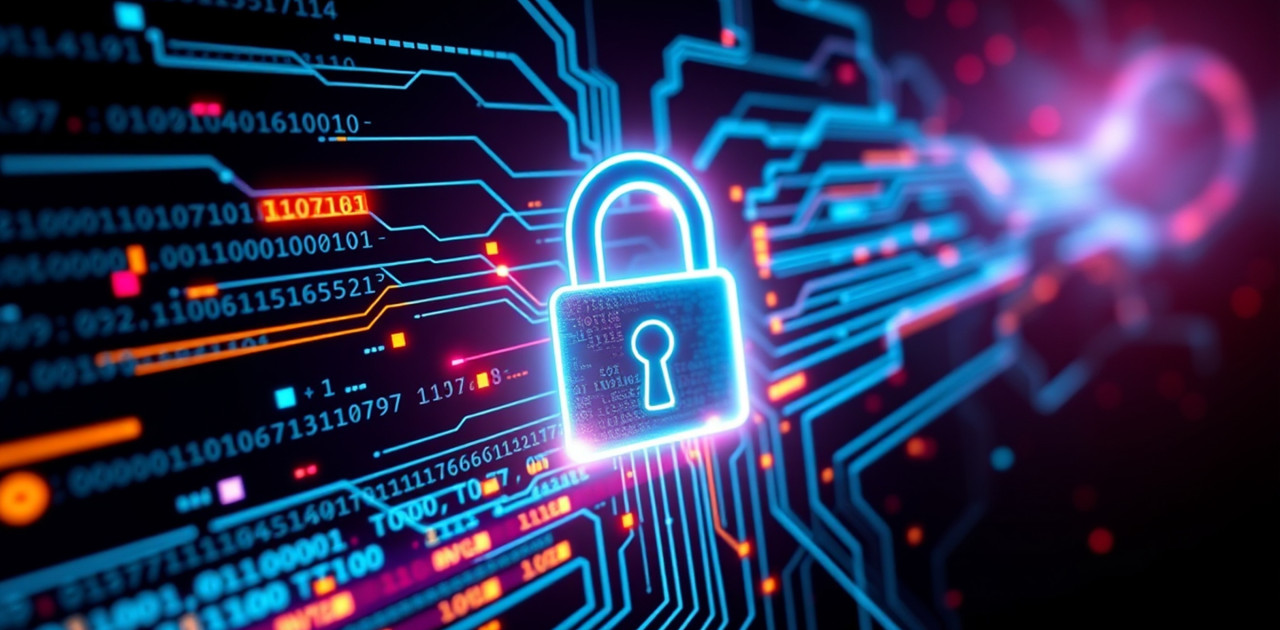 A glowing digital lock surrounded by streams of binary code and data