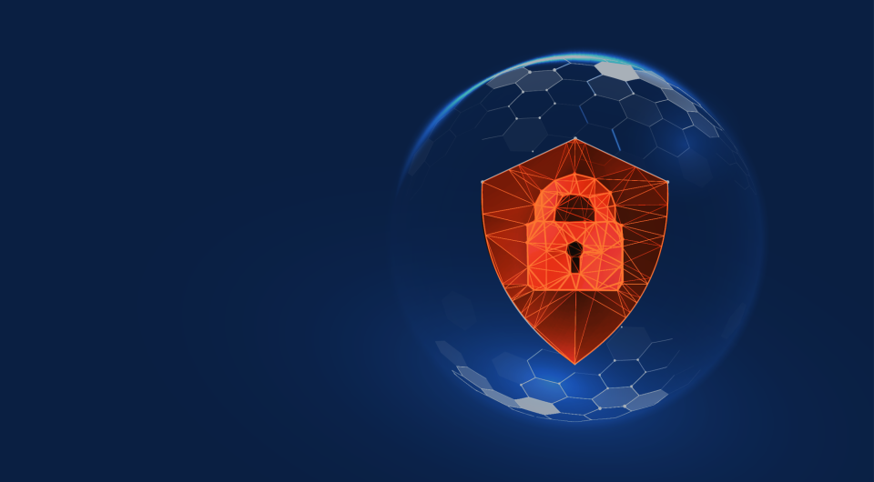 Orange padlock within a shield to represent cyber security