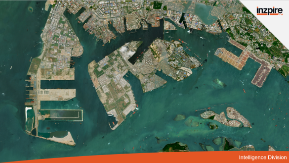 An aerial city map showing land and sea